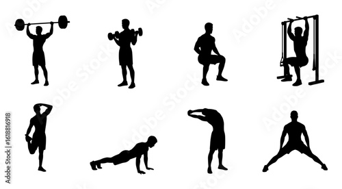 Various male fitness silhouettes engaged in various exercises including wSet oflifting stretching and bodywSet of training on a white background