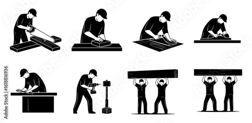 Various industrial manufacturing processes depicted through distinct black and white silhouette illustrations of workers performing various tasks in a workshop setting silhouette