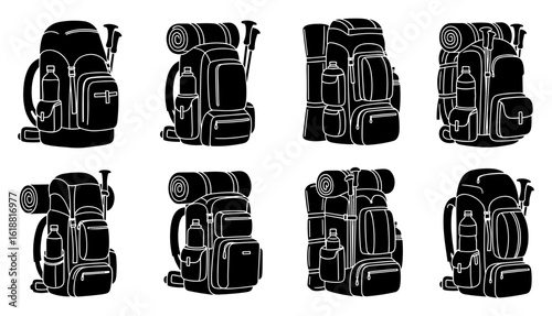 Set of distinct hiking and camping backpacks presented in a striking black and white silhouette style for outdoor adventure themes