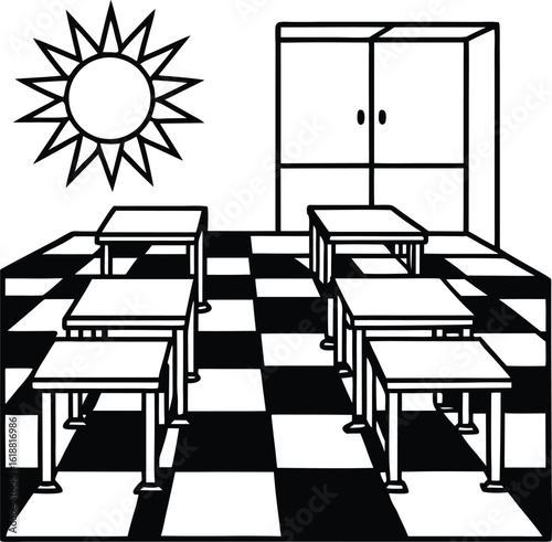 classroom with colorful floor tiles desks and sunlight