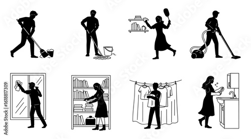 Set of distinct black silhouettes of people engaged in various household cleaning activities and chores silhouette