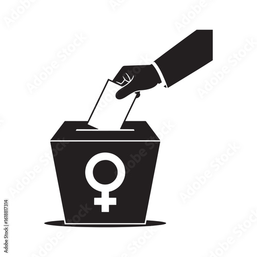 Hand dropping ballot into box with female symbol voting
