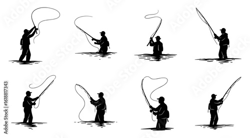 Set of dynamic fishing silhouettes showcasing various casting and reeling actions in a sketch art style