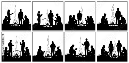 Set of distinct panels showcasing a group of people in silhouette gathered around a campfire engaging in conversation and activities silhouette