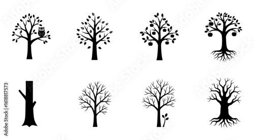 Set of distinct tree silhouettes showcasing various stages of growth and seasonal changes with detailed branch structures and root systems silhouette