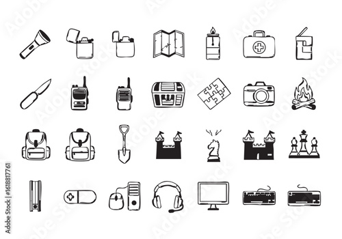 Hand Drawn Icons Collection Featuring Outdoor Adventure Gear and Gaming Equipment for Various Activities and Hobbies