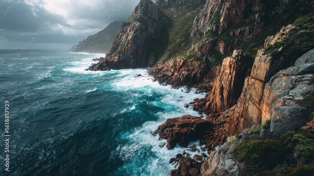 Obraz premium Dramatic coastal cliffs with crashing waves and rugged rock formations, moody skies and turquoise ocean in scenic seascape, wild nature and adventure landscape