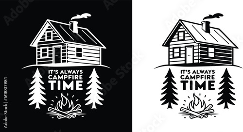 Cozy cabin with campfire and pine tree illustration for rustic outdoor camping lifestyle and forest t shirt design