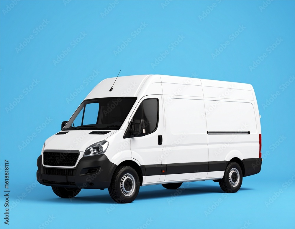 Blank White Delivery Van on Blue Background – Commercial Transport & Business Logistics Blank White Delivery Van on Blue Background – Commercial Transport & Business Logistics