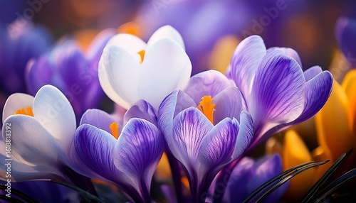 a beautiful close up of delicate purple and white crocus flowers the gentle colors create a calming atmosphere great for nature lovers and spring themes a lovely floral arrangement ai