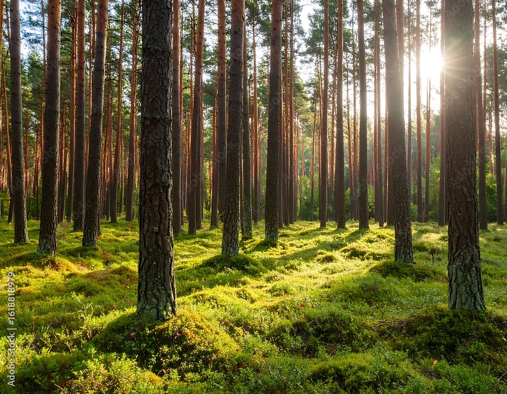 Naklejka premium Sunlight filtering through a pine forest (1)