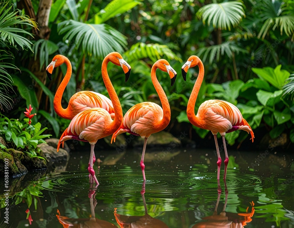 Fototapeta premium Vibrant Pink Flamingos in Tropical Water – Exotic Birds in Lush Green Habitat