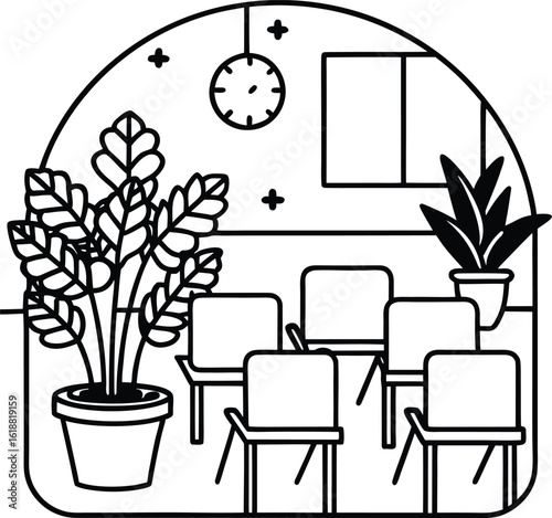 classroom with plants colorful chairs and clock
