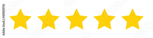 Five yellow stars in a row representing top rating, excellence, feedback, quality evaluation, customer review, satisfaction score, performance ranking, and positive reputation