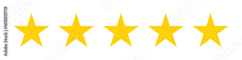 Five yellow stars in a row representing top rating, excellence, feedback, quality evaluation, customer review, satisfaction score, performance ranking, and positive reputation