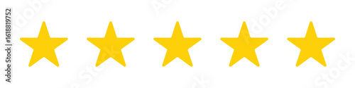 Five yellow stars in a row representing top rating, excellence, feedback, quality evaluation, customer review, satisfaction score, performance ranking, and positive reputation