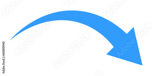 Curved blue arrow pointing downward and right, representing direction, navigation, decline, transition, visual flow, guidance, and movement in user interface or presentation design
