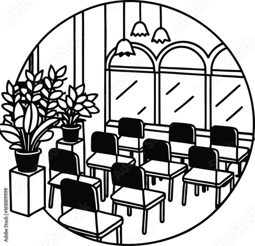 classroom with plants colorful chairs and sunlight