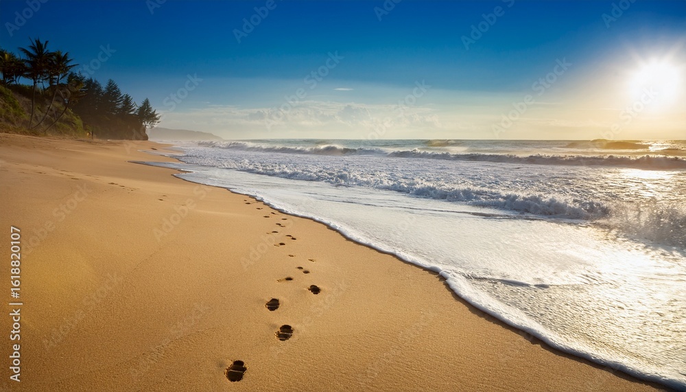 serene beach scene with footprints in the sand and ocean waves serene beach scene with footprints in the sand and ocean waves