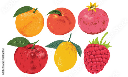 Fruit artwork for for t shirt and poster. Peach, Orange,  apple, pomegranate, lemon, pear, passion fruit and raspberry graphic print. Mix fruit set design. Summer design.