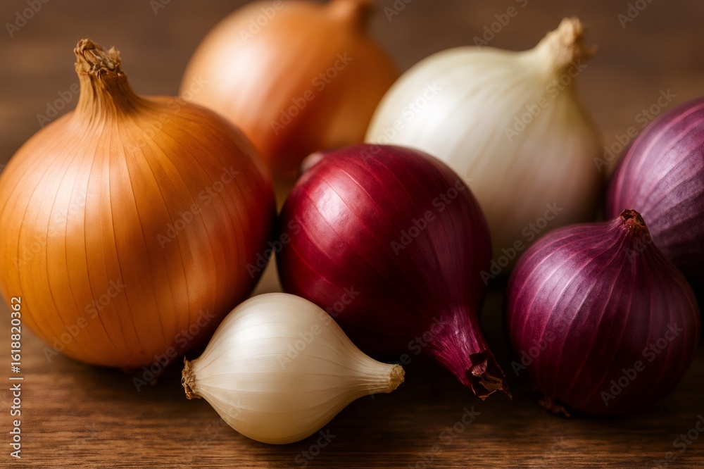 Fototapeta premium Several colorful onions resting on a wooden table