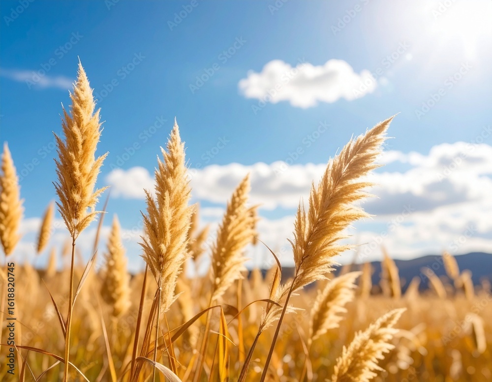 Fototapeta premium Golden Pampas Grass Under Blue Sky with Clouds – Nature Background & Summer Scenery