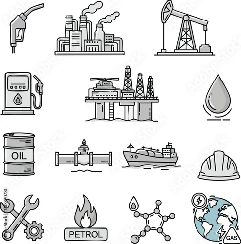 create need Oil & Gas line icon set. Containing fuel, refinery, petroleum, oil well, gas pump, offshore platform, lubricant, oil barrel and more. Editable stroke Vector. illustrations white background