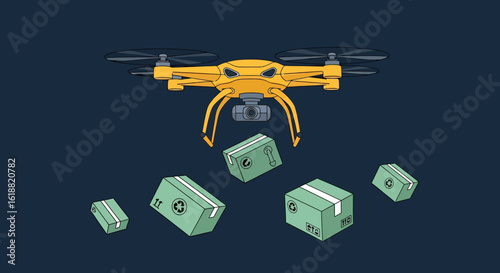 A Yellow Drone Delivering Packages with Green Boxes in Flight.