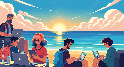 Beachside Digital Nomads: A Group of People Working Remotely with Laptops and Tablets