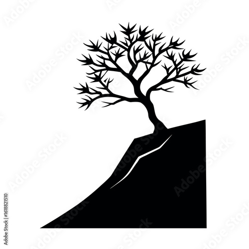 Slanted Tree Growing on Steep Cliff Landscape silhouette Art Vector illustration