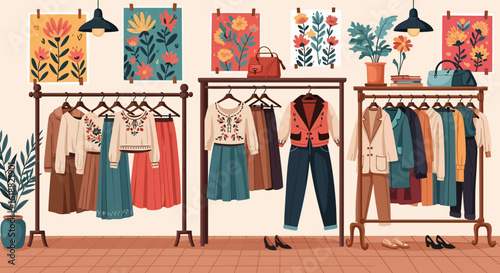 Colorful Clothing Display in a Boutique with Floral Art and Accessories