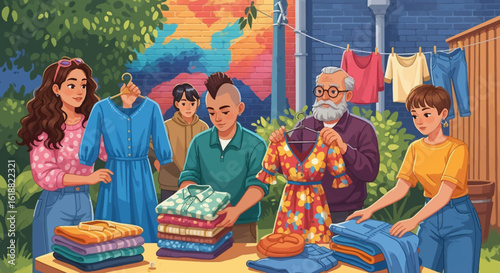 Community Yard Sale with Friends, Clothes, and Sunny Day Vibes.