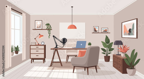 Cozy podcast studio setup with desk, microphone, laptop, and indoor plants