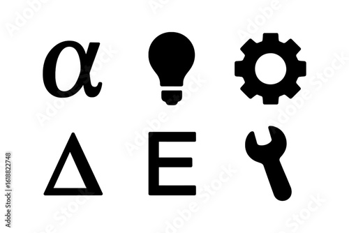 Minimalist symbols collection: greek letters, light bulb, gear, and wrench
