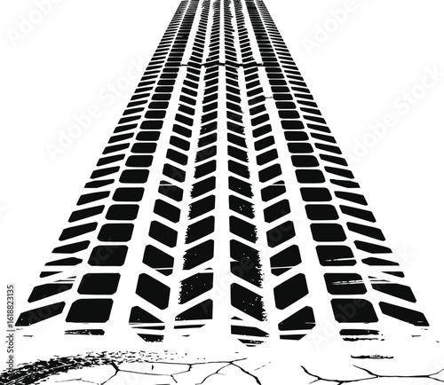 Monochrome illustration of a vehicle tire track with a detailed tread pattern receding into a vanishing perspective.