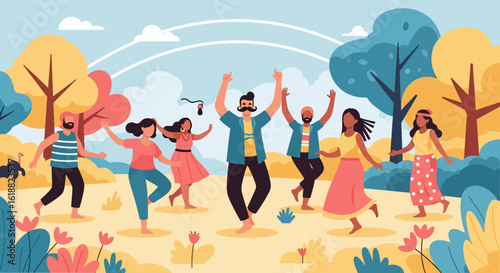 Diverse group joyfully dancing barefoot in a stylized, colorful outdoor setting