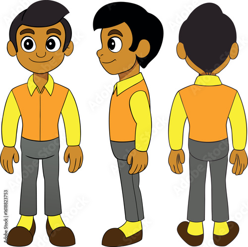 Cartoon boy character front side and back view isolated on white background