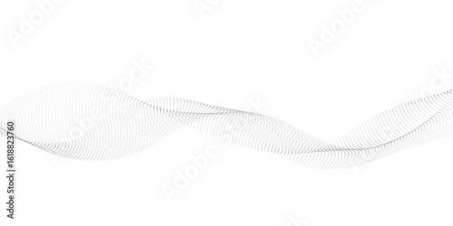 Abstract halftone flowing wavy white and gray gradient dots shape isolated on transparent background. Digital future technology concept. Design for web design, music, cover, technology, science, data	