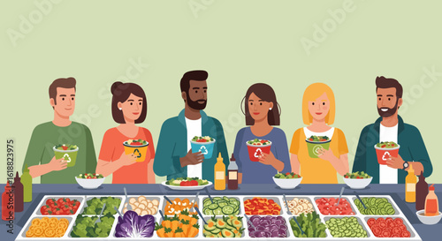 Diverse group of people holding salad bowls at a salad bar with fresh ingredients