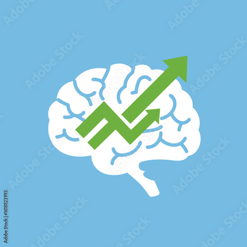 A white brain silhouette graphic with a green upward trending arrow overlaid, symbolizing growth, improvement, and cognitive enhancement.