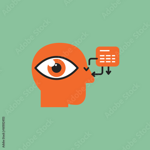 Orange head with an eye looking at a calculator, arrows indicating data flow and analysis.
