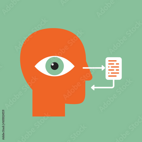 An orange head profile with a large eye looking at text, connected with arrows, on a green background, representing information processing.