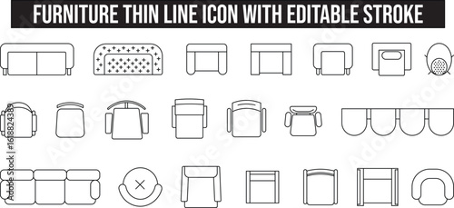 Furniture line icon set, chair, floor plan icon set, interior design, architectural element, top view, layout, editable stroke, vector, illustration