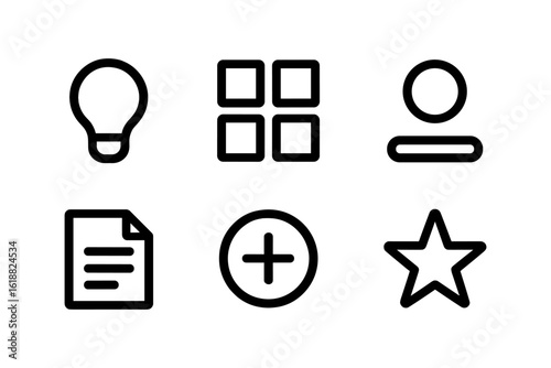 Minimalist icon set with light bulb, grid, person, document, plus sign, and star
