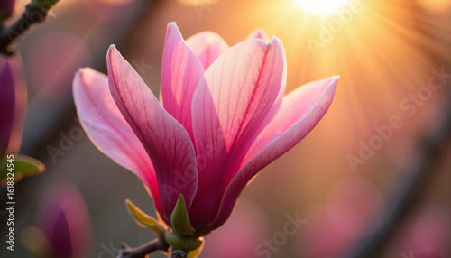 Magnolia flower glowing in sunlight with soft background