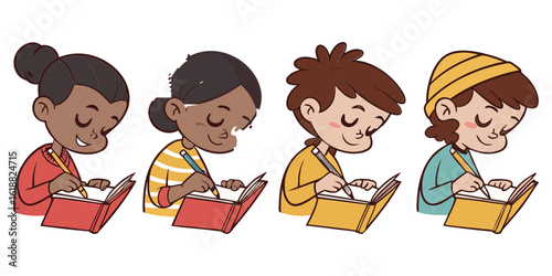 School children writing with determined looks