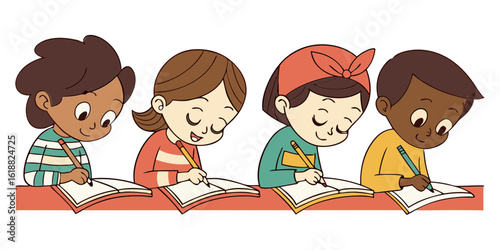Four students writing in educational scene