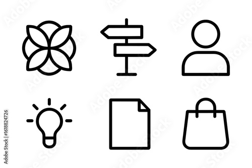 Minimalist line icons set featuring flower, directions, profile, lightbulb, document, and shopping bag