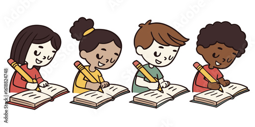 Children concentrated on writing tasks