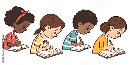 Kids with pencils working on school assignments
